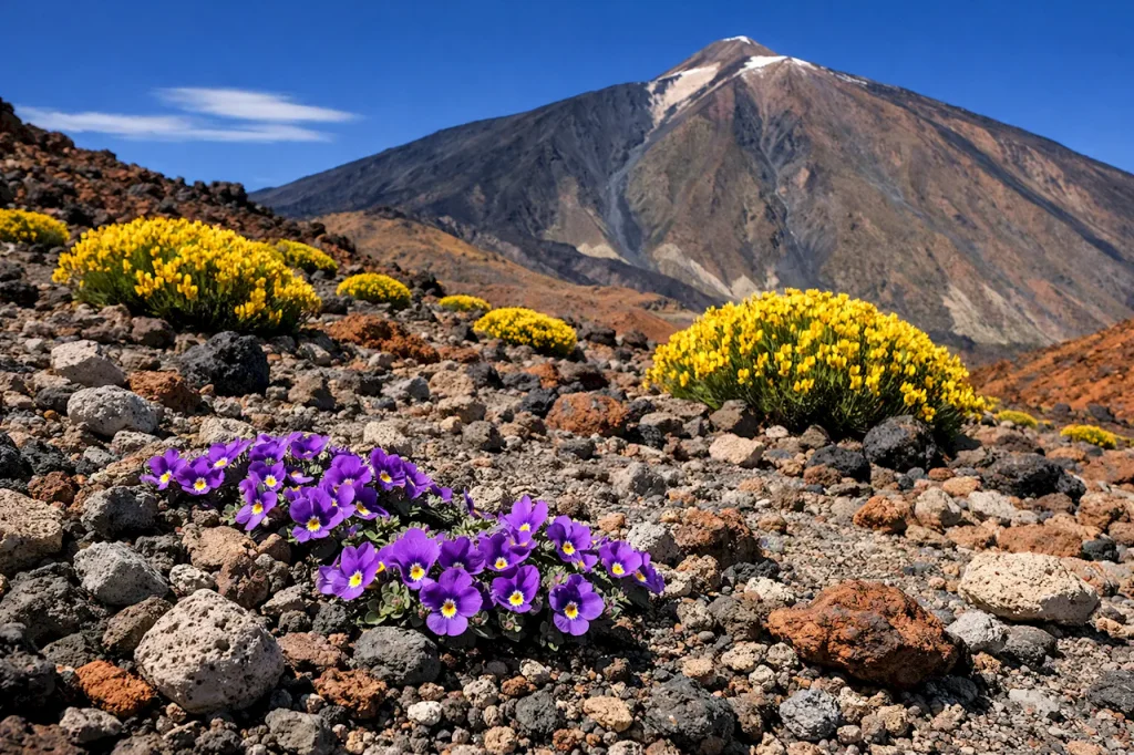 Высокогорные эндемичные растения, фиолетовые цветы Teide, желтый веник, вулканический осыпь, вершина горы Тейде на заднем плане
