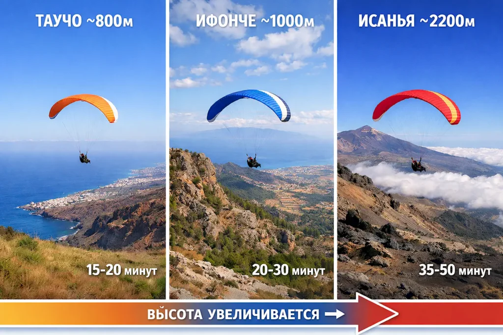 Сравнение трех высот полета параглайдинг Тенерифе: Таучо 800м, Ифонче 1000м, Исанья 2200м с ценами