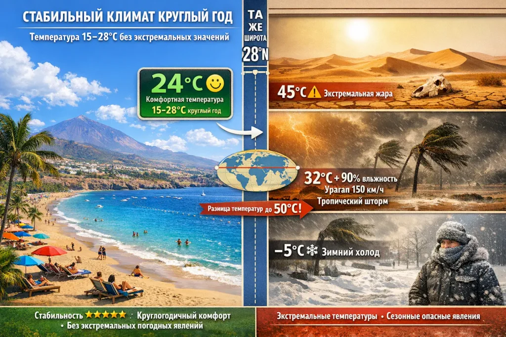 Стабильный климат Тенерифе 15-28°C круглый год против экстремальных температур на той же широте