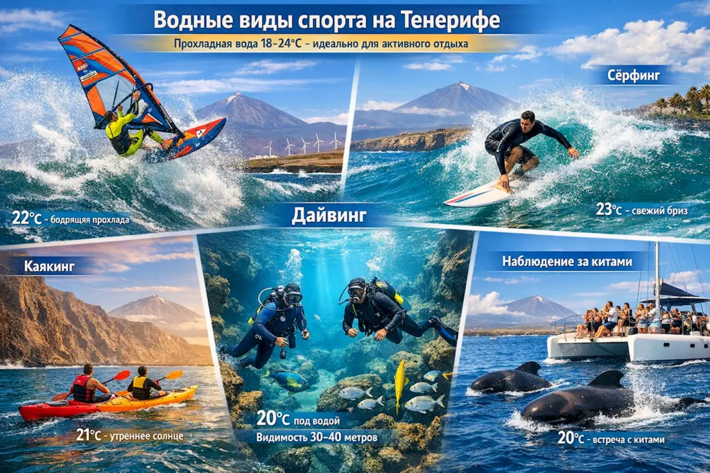 Водные виды спорта на Тенерифе: сёрфинг, дайвинг, виндсёрфинг в прохладных водах Атлантики