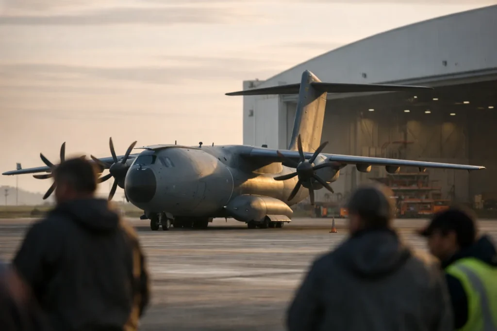 An unmarked military transport aircraft outside a Seville assembly hangar in soft morning light