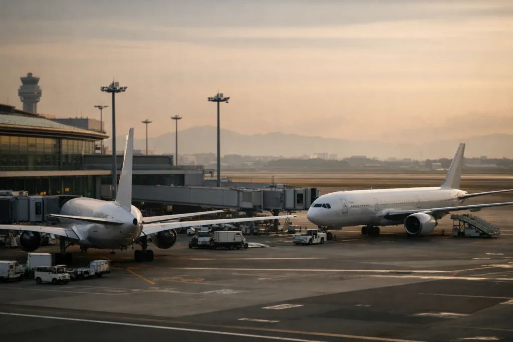 Deux avions de ligne sans marque près d’un terminal japonais dans la lumière douce du matin