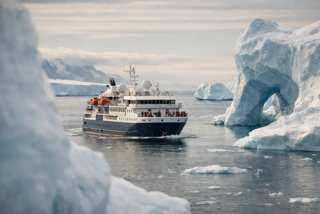 A small expedition vessel sailing between Antarctic icebergs in pale summer light