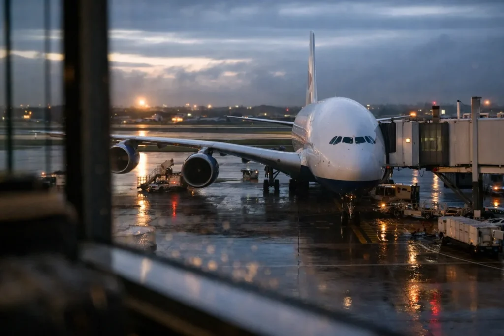 Airbus A380 на мокром от дождя перроне аэропорта на рассвете, вид из терминала