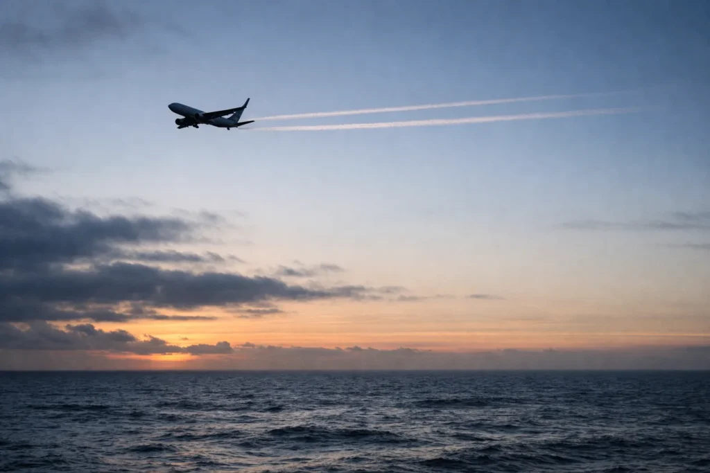 NATS takes contrail reduction trial into Shanwick’s oceanic airspace 2 A passenger jet crossing a cold dawn sky above the North Atlantic with thin white trails behind it