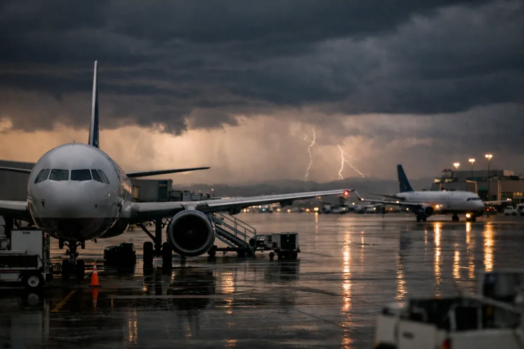 Passenger jets on a rain-soaked apron at Denver airport beneath dark late-afternoon storm clouds