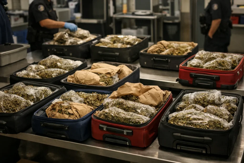 Huit valises ouvertes remplies de feuilles séchées dans une salle d’inspection de l’aéroport de Dulles