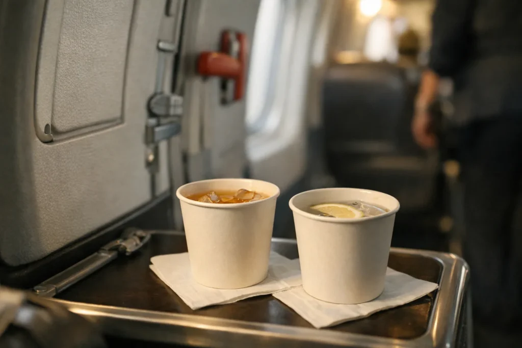 Vasos de papel en una bandeja de primera clase junto a la puerta de un avión con luz matinal suave