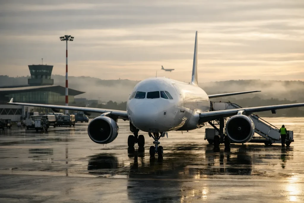Um Airbus A320 na placa molhada do Aeroporto de Santiago de Compostela numa suave manhã de inverno.