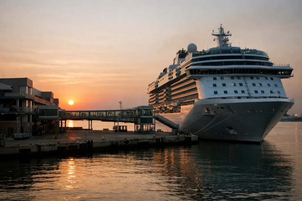 Kreuzfahrtschiff neben einem Terminal in Galveston bei Sonnenaufgang mit leeren Gangways und ruhigem Hafenwasser