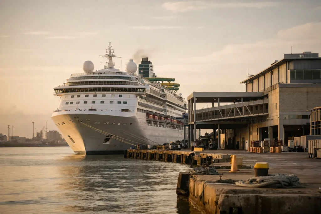 Una nave da crociera accanto al Terminal 28 del Porto di Galveston nella luce calda del mattino