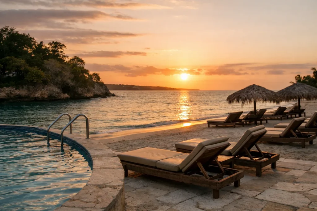 Piscina aislada frente al mar y playa sin ropa en Negril al atardecer, con tumbonas vacías junto al Caribe