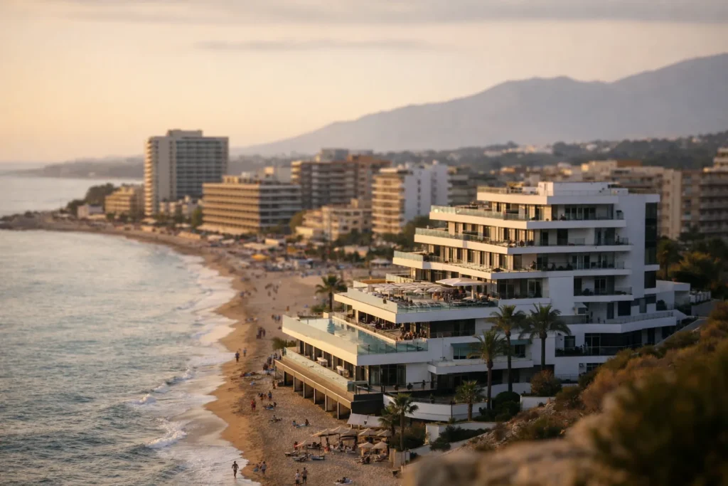 Moderne Hotels an Spaniens Mittelmeerküste im warmen Abendlicht