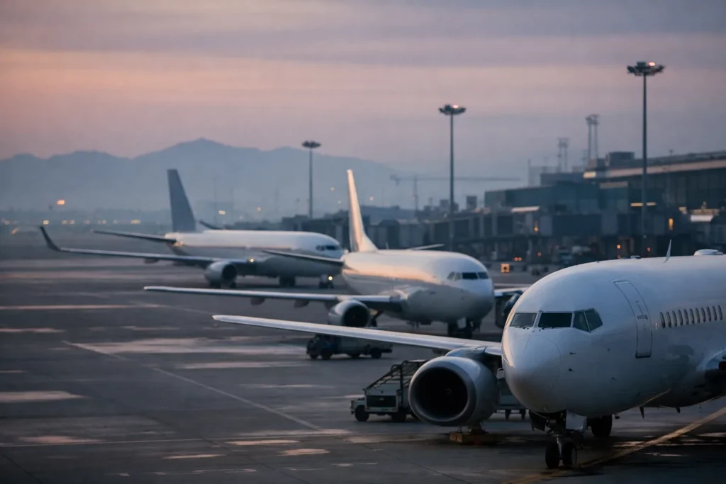 Tres aviones de pasajeros sin marcas estacionados en el Aeropuerto de Incheon al amanecer