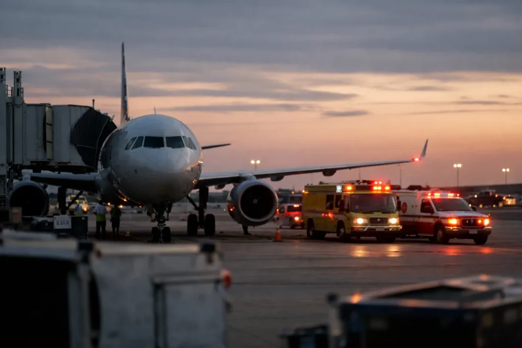 Ordinateur portable en feu sur un vol American Airlines à Dallas 2 Un avion de ligne à une porte d’embarquement de Dallas au crépuscule, avec des véhicules de secours à proximité