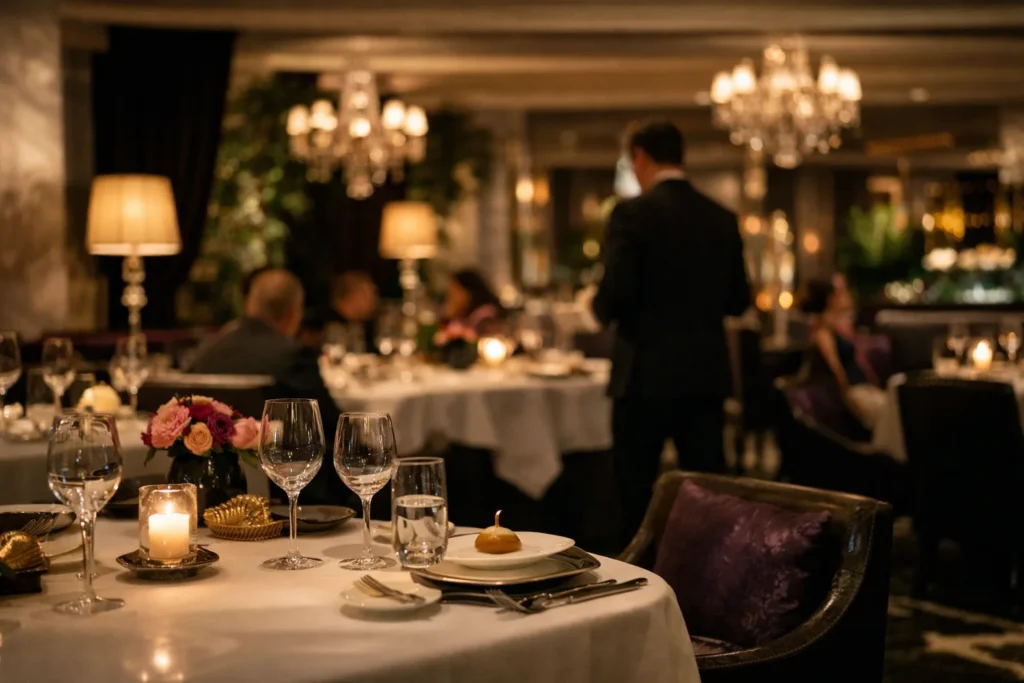 Elegant French tasting-menu dining room at MGM Grand in Las Vegas under warm evening light