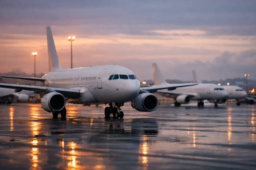 Unmarkierte Passagierjets auf einem regennassen Vorfeld im sanften Licht der Morgendämmerung