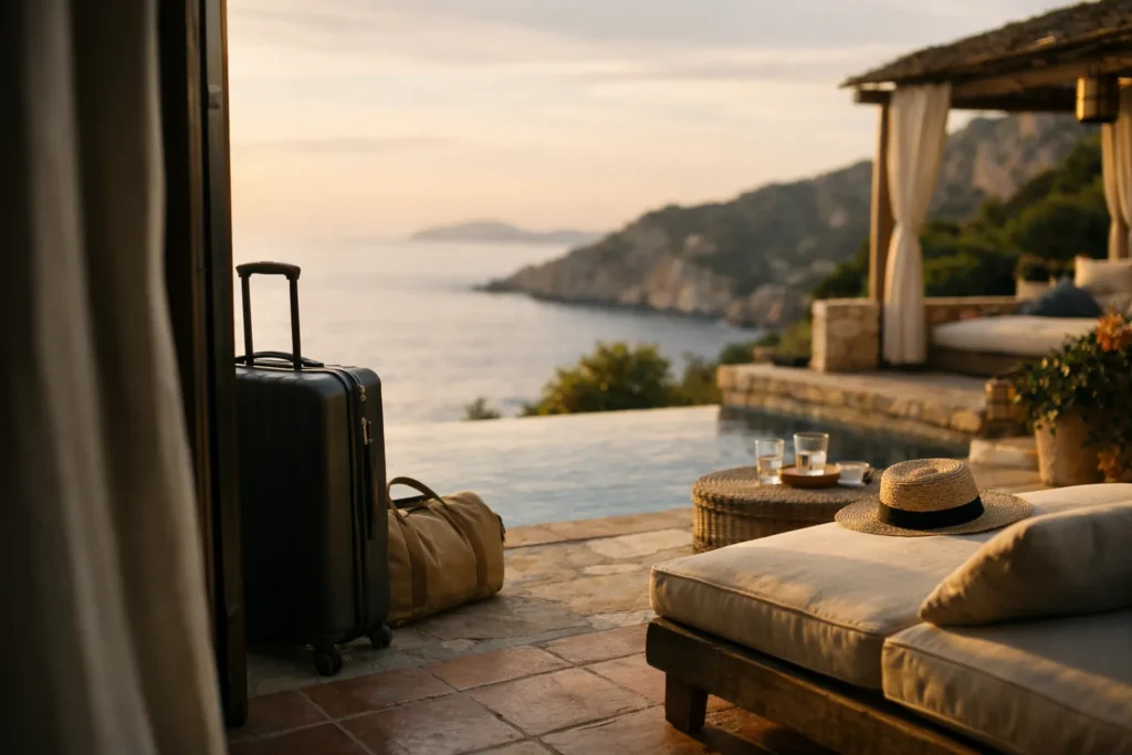 Terraza de una villa privada con vistas al Mediterráneo al atardecer y equipaje junto a una puerta abierta.