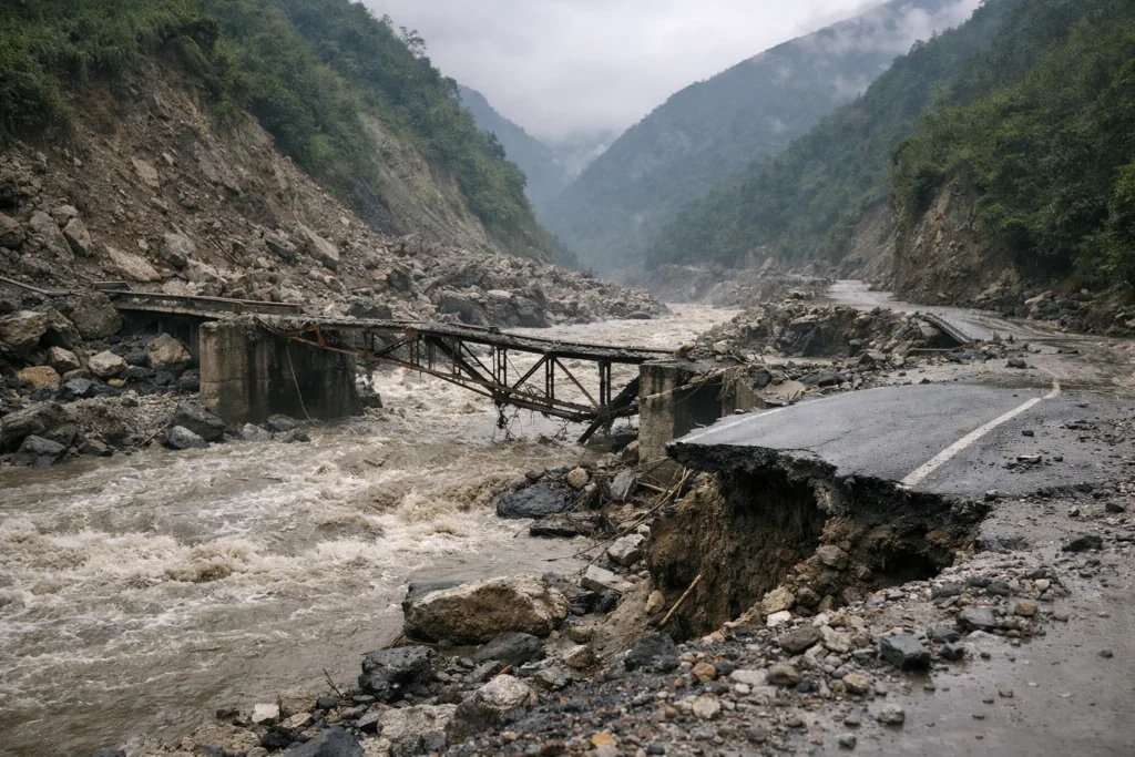 A flood-damaged mountain road and bridge in Rasuwa under overcast daylight, with no people visible