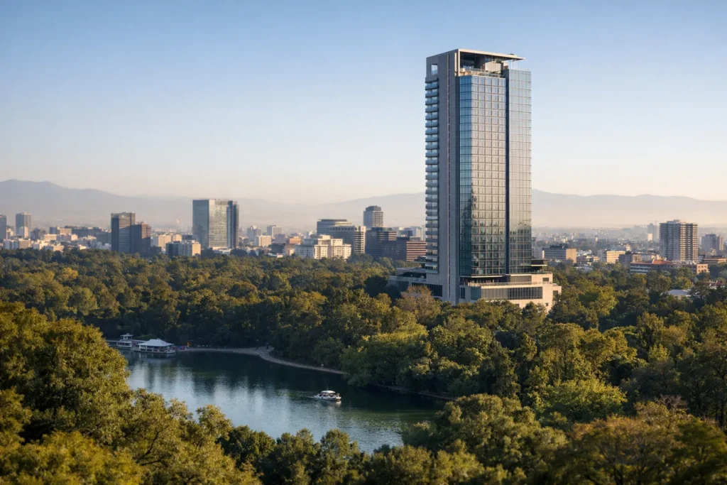Torre hoteleira de 30 andares junto ao verde Chapultepec Park, na Cidade do México, numa manhã clara