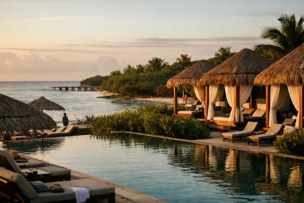 Pool am Strand mit privaten Cabanas zwischen Mangroven nahe Puerto Morelos im frühen Morgenlicht
