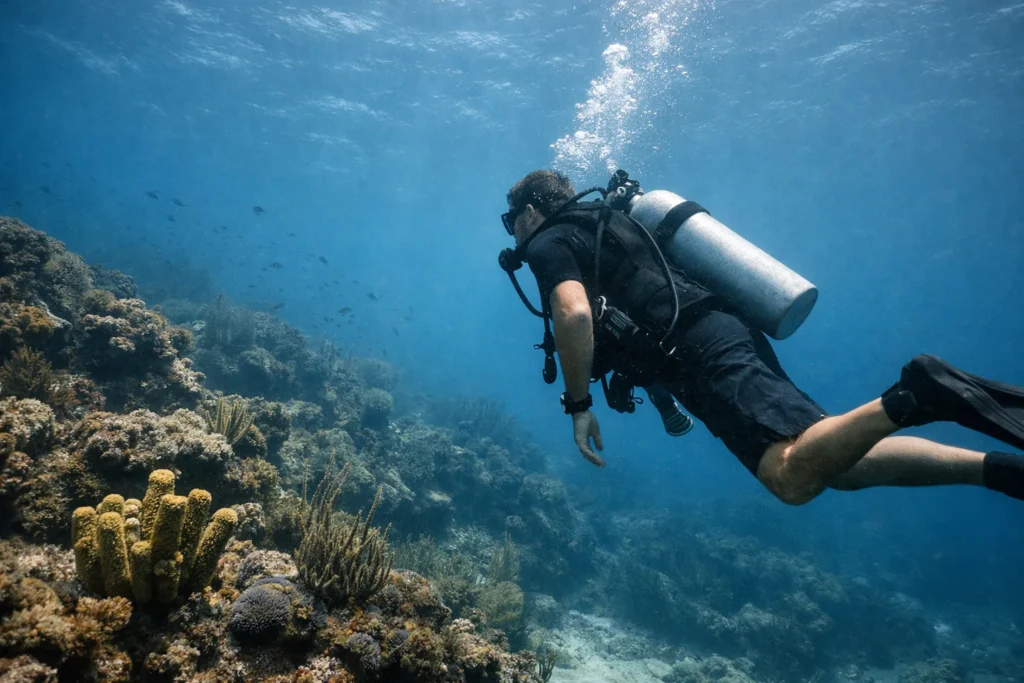 Un plongeur sous-marin au-dessus d’un récif corallien dans les eaux de St. Thomas, éclairé par une lumière bleue filtrée