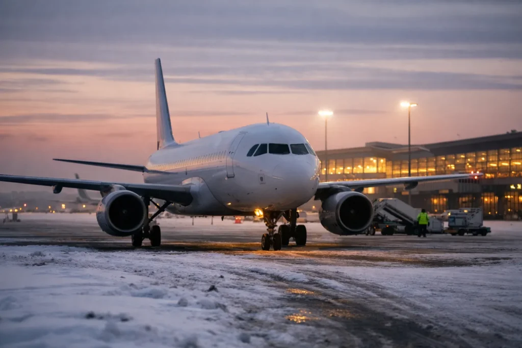 Un Airbus A320 sur le tarmac enneigé de l’aéroport de Katowice à l’aube, avec le terminal illuminé derrière