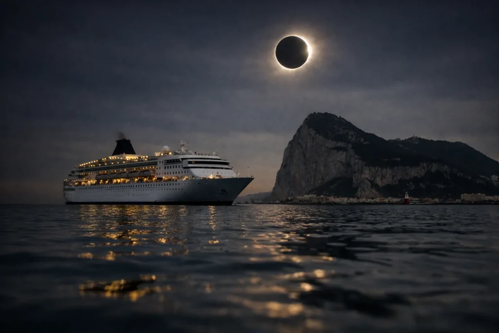 Un navire de croisière au large de Gibraltar, sous un ciel de fin de matinée qui s’assombrit