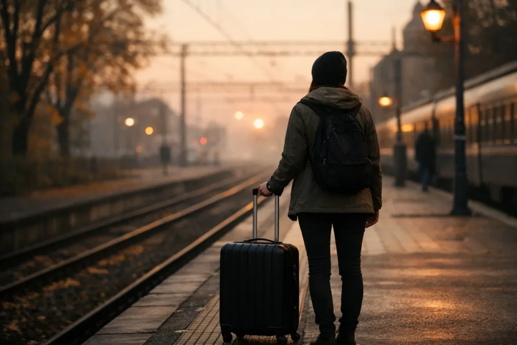 A lone traveller seen from behind with a suitcase on a quiet European station platform at autumn dawn
