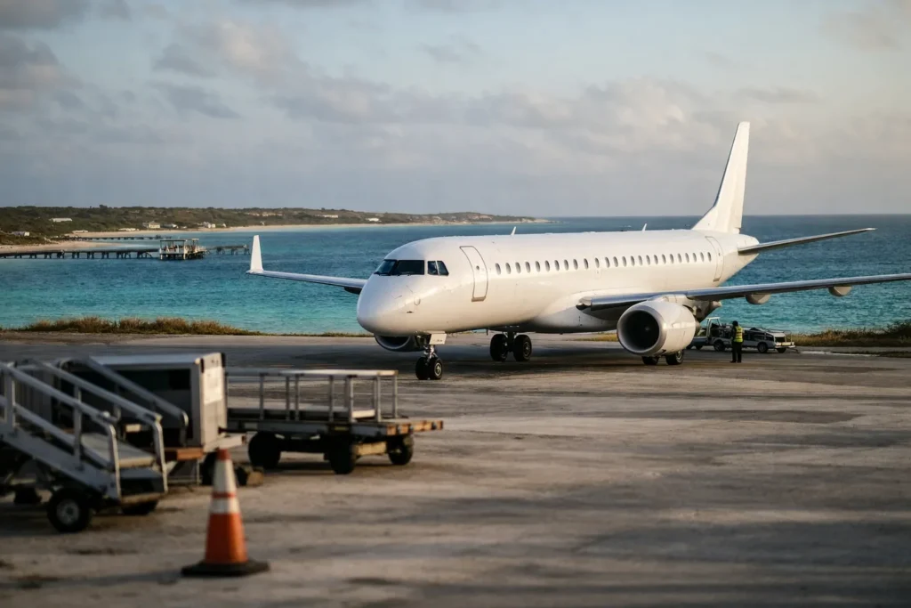 Süd-Caicos-Flüge ab Newark bringen Reisende direkt auf die ruhige Insel 2 Unmarkierter Embraer E190 auf dem Vorfeld von South Caicos neben türkisfarbenem Wasser im Morgenlicht