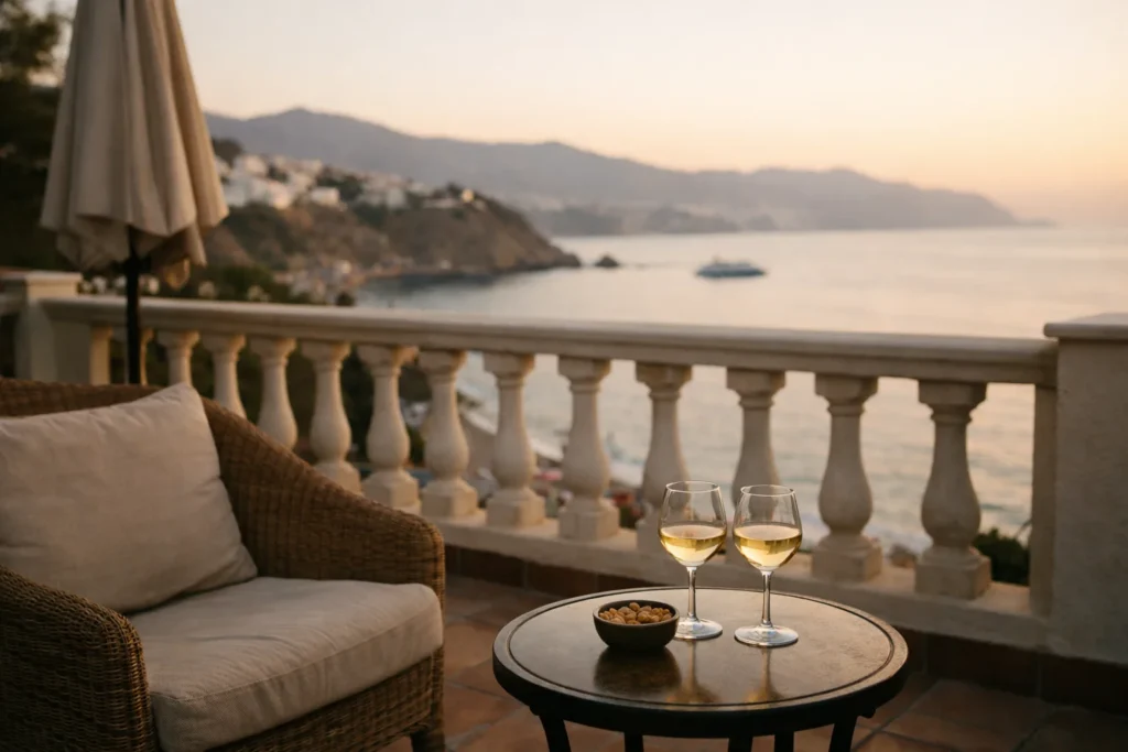 Terrazza tranquilla di un hotel affacciata sulla costa spagnola nella luce calda di fine estate