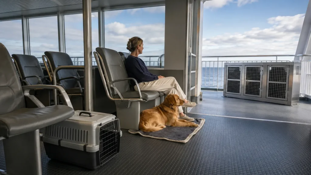 Tres opciones para viajar con perro en ferry: transportín, box cerrado exterior y espacio junto al dueño en el salón de pasajeros