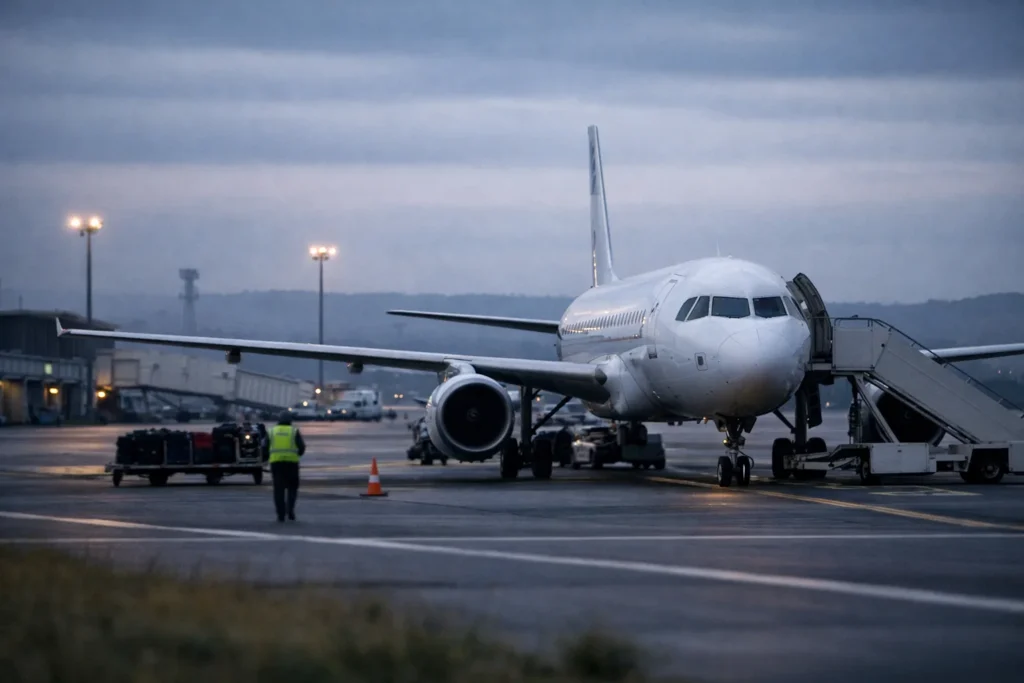 Grève des pilotes Volotea en France du 4 au 6 septembre 2 Un avion de ligne à fuselage étroit stationné dans un aéroport régional français sous un ciel couvert à l’aube