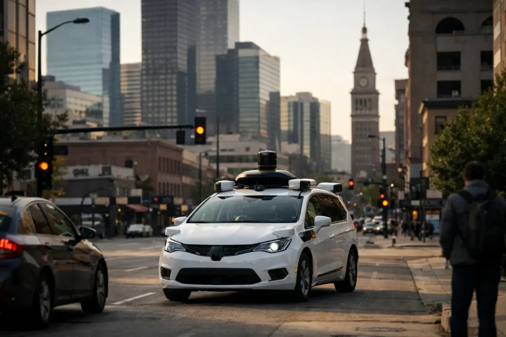 Un coche autónomo con sensores circula por una calle del centro de Denver al amanecer