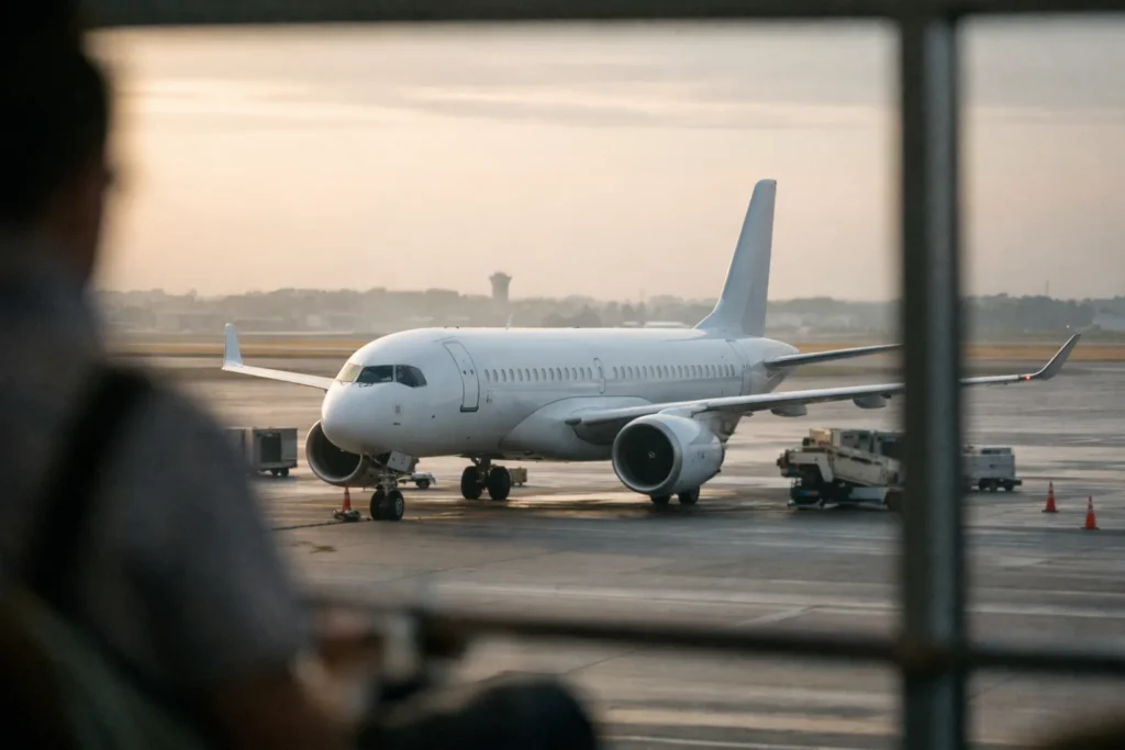Небрендированный Airbus A220 на перроне аэропорта США ранним утром, вид из терминала