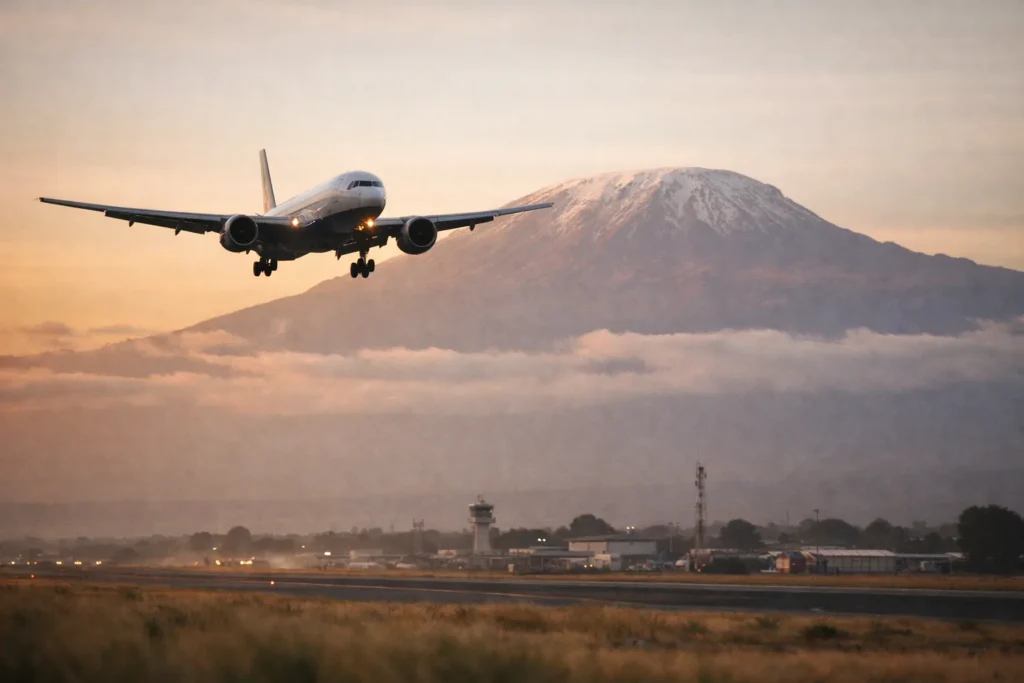 A widebody passenger jet approaching Kilimanjaro Airport at sunrise, with the mountain beyond.