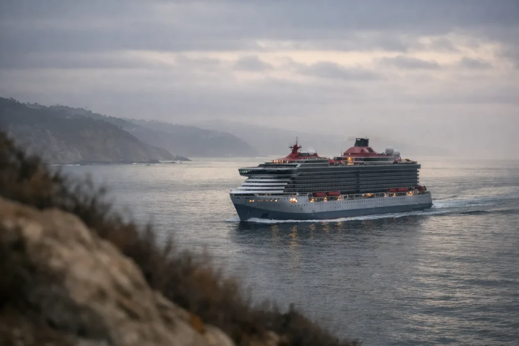 Um navio de cruzeiro navega ao largo da costa da Califórnia sob céu cinzento de outono, de manhã.
