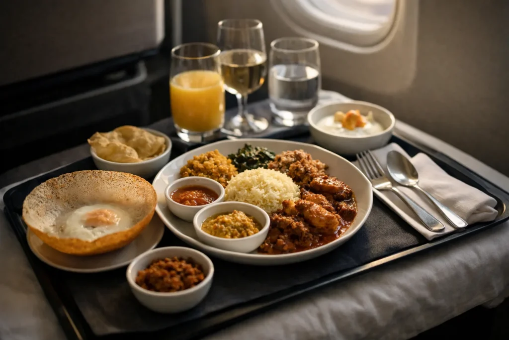 Refeição de estilo do Sri Lanka num tabuleiro de classe executiva, dentro de um avião à luz suave da manhã