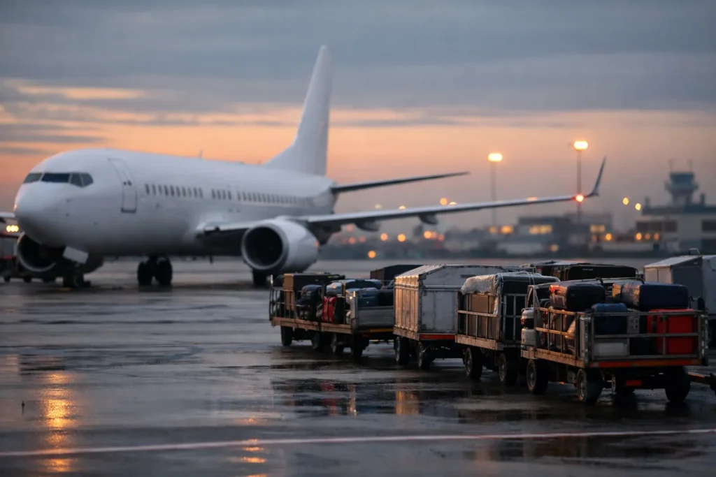 Aviões sem identificação junto a carrinhos de bagagem na placa do Aeroporto de Bruxelas ao amanhecer