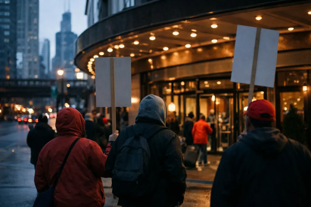 Entrada de hotel sem marca no centro de Chicago, com piquetes vistos de costas ao amanhecer
