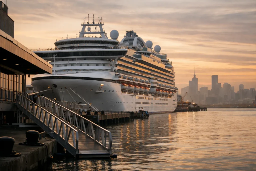 Grande navio de cruzeiro atracado em Melbourne ao amanhecer, com passarelas e água calma.