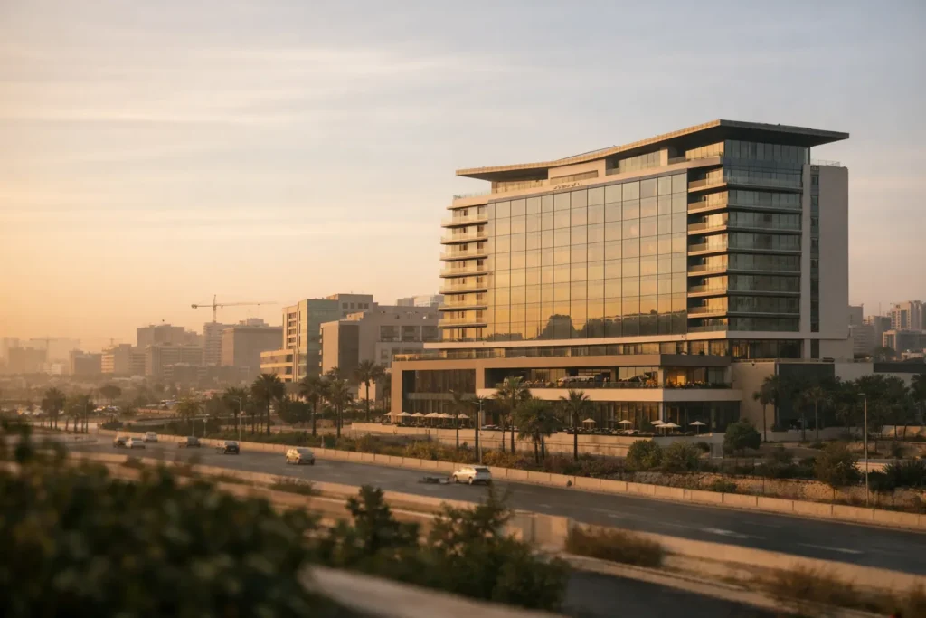 Hotel contemporâneo junto a um distrito de uso misto em New Cairo, sob luz quente do início da manhã