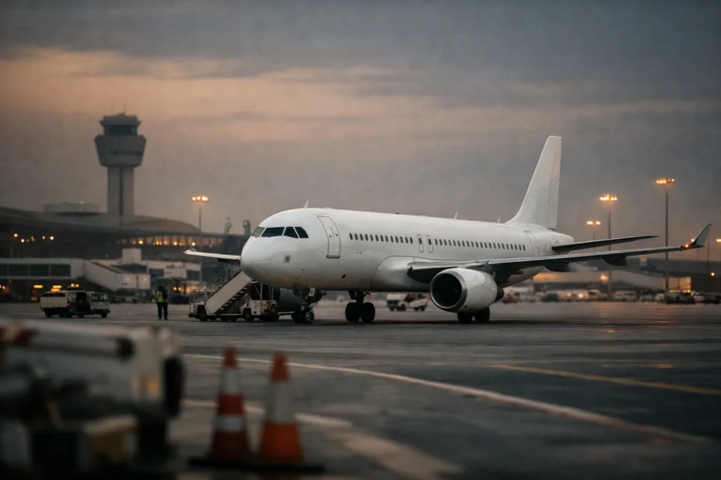 Avião de passageiros sem identificação na placa do King Fahd International Airport ao entardecer