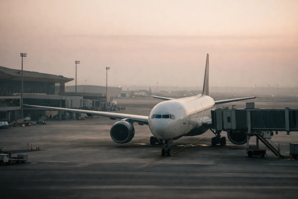 Avião de longo curso sem identificação junto a terminal vazio no aeroporto de Riade ao amanhecer