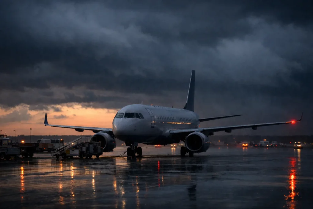 Avião de passageiros em pátio molhado de aeroporto da costa do Golfo sob nuvens escuras ao entardecer