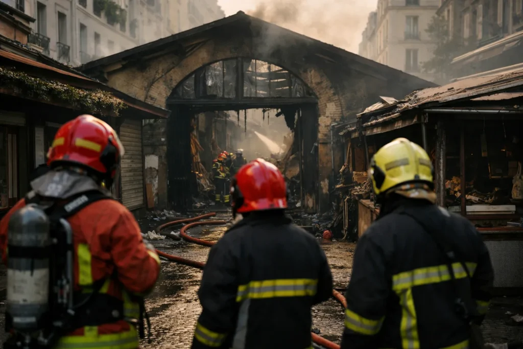 Bombeiros diante do mercado coberto carbonizado na Rue de Bretagne, sob luz suave da manhã, com rostos ocultos