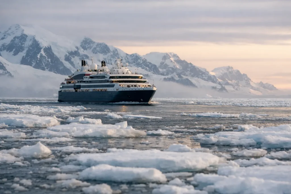 Navio de expedição atravessa gelo marinho antártico sob luz suave e montanhas cobertas de neve