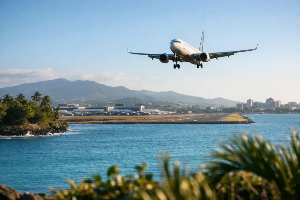 Avião de passageiros a descer para um aeroporto de Porto Rico sobre as Caraíbas numa manhã clara
