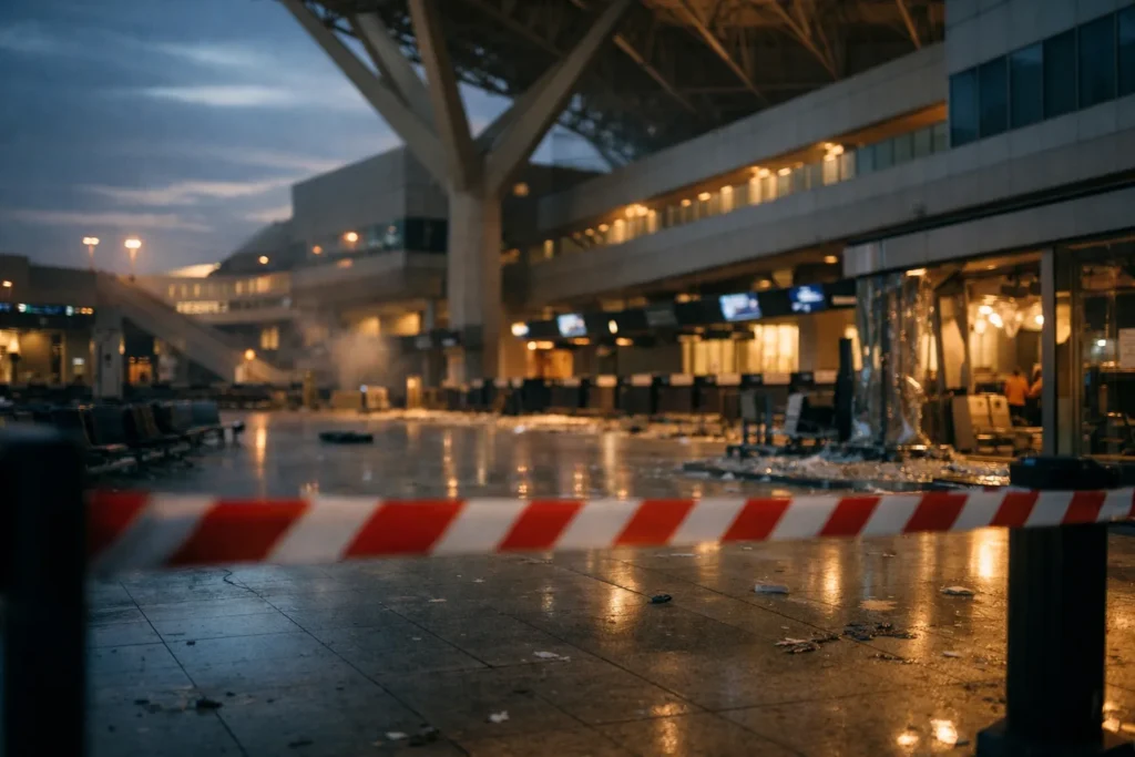 Saguão de aeroporto deserto atrás de cordão de segurança em Riyadh sob luz fria ao entardecer