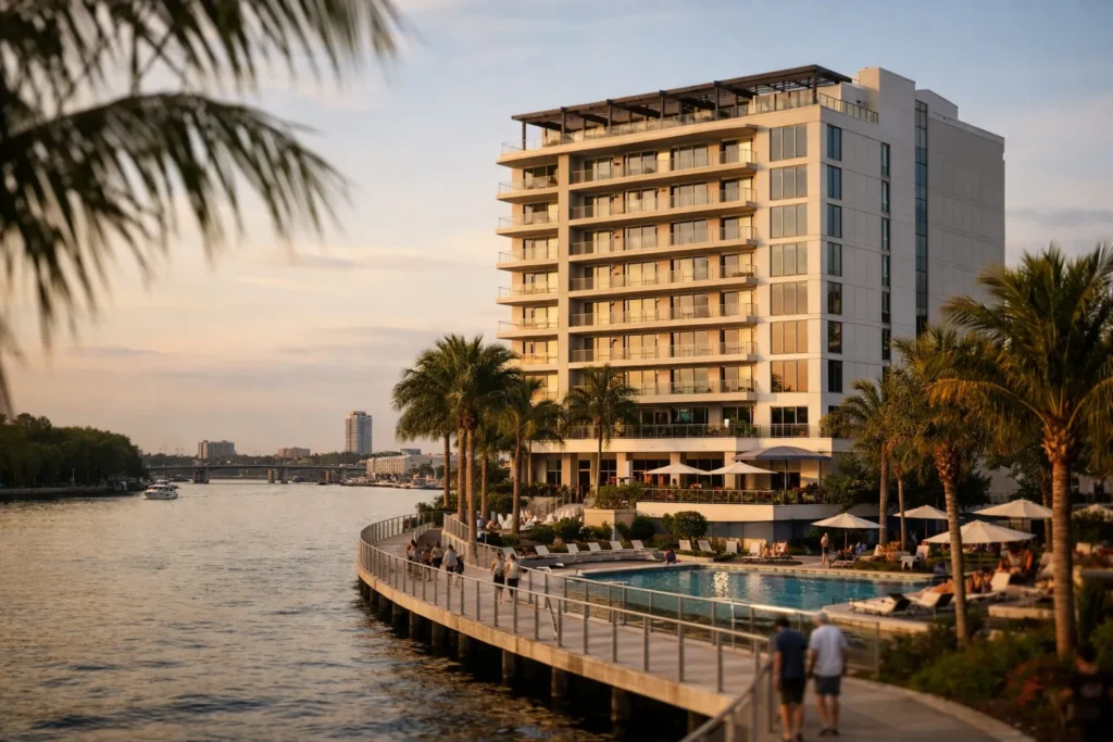 Hotel de sete andares junto à Tampa Riverwalk ao pôr do sol, com palmeiras, piscina e o Hillsborough River
